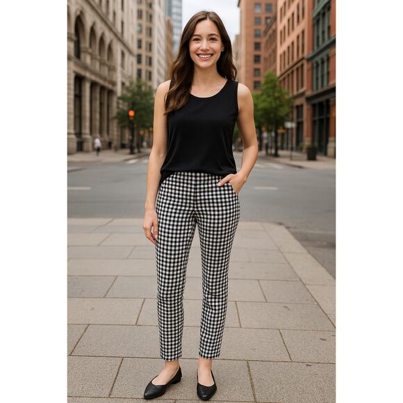 J Jill Essential Cotton Stretch Gingham Pants Womens Size 2 Petite Pockets Black - Picture 1 of 15